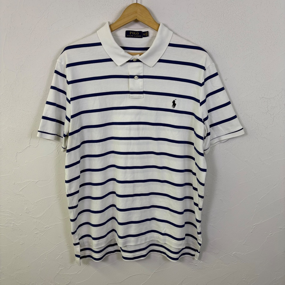 Polo Ralph Lauren Polo Shirt Mens XXL White Blue Striped Short Sleeve Preppy